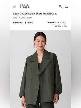 Eileen Fisher Light Cotton Nylon Short Trenchcoat sz S